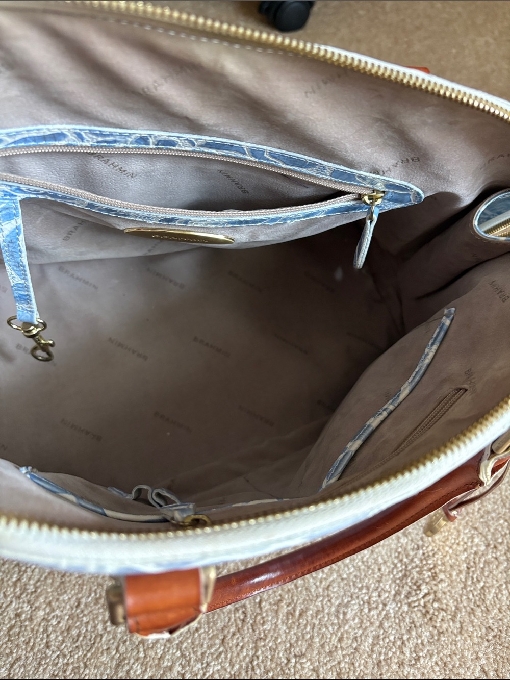 Brahmin Vivian Dome Satchel Blue Floral Embossed with Brown Trim - Picture 7 of 16